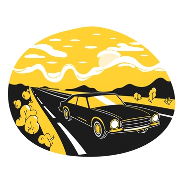 A black car with sleek lines and shiny surfaces is driving away on a highway that stretches into the distance. The sky above is filled with a display of yellow hues as the sun sets on the horizon. Silhouettes of distant hills can be seen under the vibrant sky. Alongside the highway, grass and small shrubs are visible, their outlines dark against the bright backdrop. The car's headlights are illuminated, creating a striking contrast against the surrounding darkness.