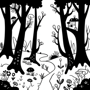 A dense forest filled with tall trees, their trunks gnarled and twisted. Various mushrooms and vines grow from the ground, creating a lush undergrowth. Mist weaves through the air, adding an air of mystery. There are faintly glowing plants and flowers scattered throughout the scene. A small, winding path leads deeper into the woods, disappearing into the distance. Among the trees, a collection of intricate fairy houses are nestled in the branches, with tiny details like windows and doorways.
