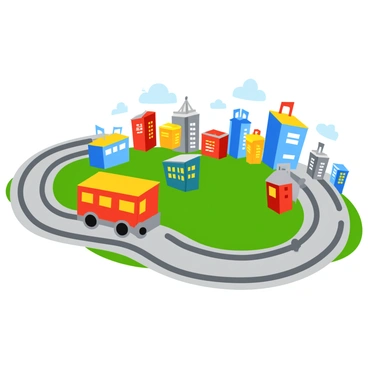 A tiny toy bus in bright colors is driving along a winding track. The track is made of smooth gray plastic with pronounced edges. Surrounding the track are various miniature city buildings, each with distinct features like windows and doors. The buildings are painted in vibrant colors, including red, blue, and yellow. Some buildings are tall while others are short, creating an interesting skyline. The scene is lively and captures a playful urban atmosphere.