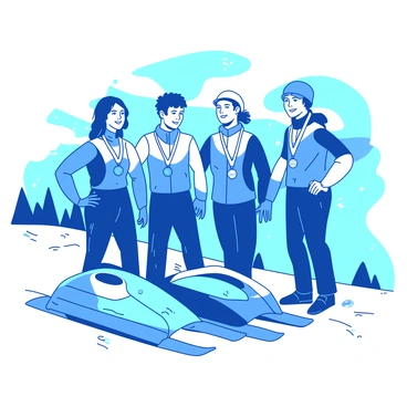 A group of four luge champions stands together on a snowy hilltop, all wearing matching blue and white racing suits. Each athlete is holding their sleek, aerodynamic luge sleds. They are smiling proudly, showcasing their medals hanging around their necks. In the background, snowflakes gently fall, creating a winter wonderland atmosphere. The champions' expressions convey a sense of camaraderie and achievement as they strike dynamic poses around the sleds.