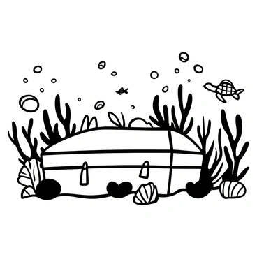 A coffin resting on the sea floor, partially covered in sand. Coral formations in various shapes and sizes surround the coffin, providing a vibrant habitat. Schools of small fish dart around, while a sea turtle glides gracefully nearby. Seaweed sways gently with the current, creating a dynamic underwater scene. Occasional bubbles rise from the surface, adding a sense of movement to the tranquil environment.