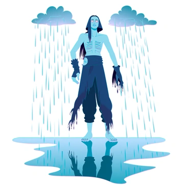 A ghoul with pale skin and sunken features stands in the rain, its eyes glowing with an eerie light. The ghoul has ragged clothing clinging to its frame, and water droplets cascade off its elongated fingers. The silhouette of the ghoul is sharply outlined against the dark, wet pavement, creating a striking reflection that ripples slightly with the falling rain. Ominous clouds loom overhead, casting a dim light on the scene.