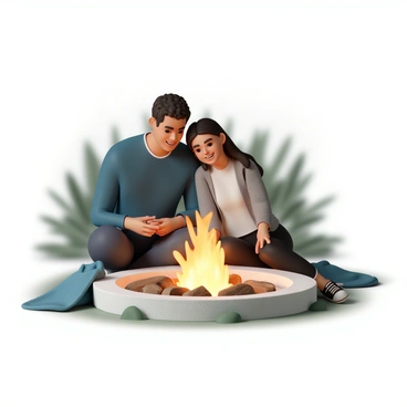 A couple sitting close together by a circular fire pit made of stone. The man is wearing a navy blue sweater and dark jeans, while the woman is dressed in a cozy gray cardigan and black leggings. They are both smiling and leaning toward each other, engaged in conversation. The flickering flames of the fire pit cast warm light on their faces, illuminating their expressions. There are logs around the fire pit, and a few blankets draped over their laps. The background features softly blurred greenery, creating a natural setting.