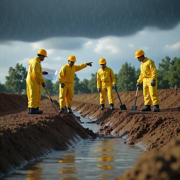 A group of civil engineers, wearing yellow rain jackets and hard hats, is actively engaged in constructing a flood prevention system. They are positioned on a muddy construction site, with rain pouring down heavily around them. The engineers are using various tools, including shovels and blueprints, while one engineer is pointing towards a large drainage ditch being dug. In the background, dark storm clouds loom overhead, and water is pooling on the ground, illustrating the urgency and importance of their work.