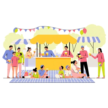 A lively summer festival scene featuring a central lemonade stand. The lemonade stand has a bright yellow canopy and is adorned with colorful balloons in various shades of red, blue, and green. Around the stand, groups of people, including children and adults, are enjoying the festivities, some holding cups of lemonade. Colorful banners are strung up between trees, and a few food stalls with striped awnings are visible in the background. The ground is covered with a checkered picnic blanket where families are seated, and the atmosphere is filled with laughter and joy.