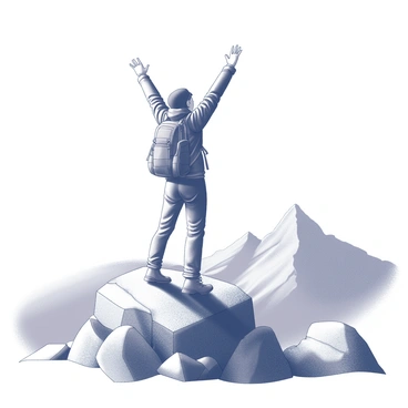 A hiker stands triumphantly at the summit of a mountain peak. The individual is dressed in outdoor gear, including a sturdy jacket and hiking boots. Their arms are raised high above their head, expressing a sense of accomplishment and gratitude. Surrounding the peak are rocky outcrops and rugged terrain, indicating the challenging journey undertaken. In the background, there are distant mountain ranges and a vast sky, enhancing the sense of elevation and achievement. The hiker gazes out over the breathtaking view, embodying a moment of reflection and joy.
