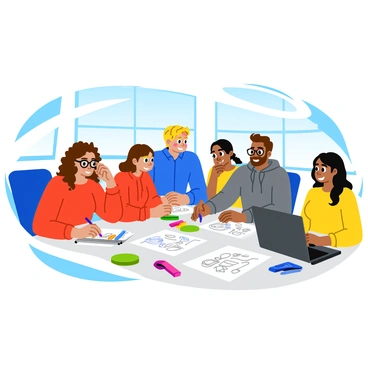 A group of five diverse professionals is gathered around a large table in a bright, modern factory's R&D department. Each person is focused on a sheet of paper filled with sketches and notes related to new product ideas. The team includes a woman with curly brown hair wearing glasses, a man with short blonde hair and a blue shirt, a woman with straight black hair dressed in a red sweater, a man with a beard in a gray hoodie, and a woman with long wavy hair wearing a yellow top. On the table, there are colorful sticky notes, markers, and a laptop displaying a digital presentation. Large windows in the background let in natural light, illuminating the creative atmosphere.