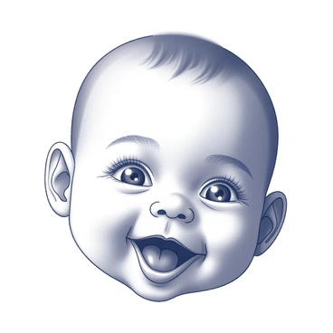 A close-up of a baby face. The baby has bright, sparkling eyes that reflect light, giving them an engaging look. The mouth is open in a big smile, showcasing tiny teeth, and the cheeks are round and chubby. The baby’s skin appears soft and smooth, with an expression full of joy and innocence. The background is softly blurred to focus on the baby’s facial features.
