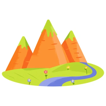 A mountain range with tall, towering peaks shaped like giant carrots. The peaks are vibrant orange and green, mimicking the appearance of fresh carrots, with green leafy tops. The mountains have rugged textures and are set against a clear blue sky. Below the mountains, a grassy valley stretches out, dotted with colorful wildflowers. A winding river flows through the valley, reflecting the colors of the mountains above.