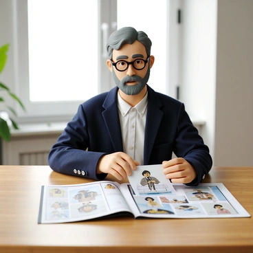 A wise-looking figure with gray hair and a neatly trimmed beard, wearing round glasses. The figure is dressed in a dark blue blazer over a white shirt, and is seated at a wooden table. In front of them is an open portfolio containing various illustrations, showcasing a range of artistic styles. The figure is holding one of the illustrations carefully, examining it closely with a thoughtful expression. Natural light is filtering in from a nearby window, casting soft shadows on the table.