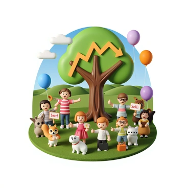 A vibrant children's book illustration depicting a whimsical scene where young characters are engaged in learning about the stock market. In the center, there is a large, colorful tree resembling a stock chart, with branches illustrating upward and downward trends. Around the tree, a diverse group of children, including a girl with pigtails wearing a bright pink dress and a boy with glasses in a striped shirt, are gathered. They enthusiastically point at the tree while holding playful signs that read "Buy!" and "Sell!" Various friendly animals, such as a smiling squirrel with a tiny briefcase and a wise owl wearing glasses, add charm to the scene. Balloons in different shapes, symbolizing stocks and trade, float in the air, creating a joyful atmosphere. The background includes rolling hills and a clear blue sky, enhancing the playful educational theme.