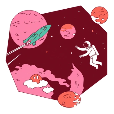 A red wall illustration features two astronauts in white space suits, floating in the vastness of space. They are surrounded by a variety of distant planets, each with unique colors and textures. One astronaut is reaching out towards a teal spacecraft that is gliding smoothly past a vibrant pink planet. The other astronaut is examining a small orange planet with swirling clouds. Stars twinkle in the dark space behind them, adding depth to the scene.