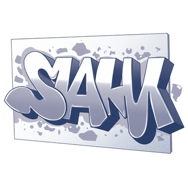 A 1/2 size illustration board featuring a large, dynamic piece of graffiti. The artwork consists of bold, overlapping letters and shapes that create a sense of movement and energy. The composition includes intricate line work and patterns that give depth to the design. Scattered throughout the piece are abstract elements and symbols that enhance the overall visual impact. The background is textured, providing contrast to the prominent graffiti elements.
