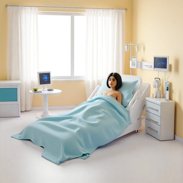 A patient with medium skin tone is lying in a hospital bed, covered with a light blue blanket. The room has soft, warm lighting. There is a monitor displaying vital signs next to the bed, with various medical equipment in the background. The patient has short black hair and is wearing a hospital gown. A window with sheer white curtains lets in gentle natural light, while a small table beside the bed holds a glass of water and a book. The overall atmosphere is calm and inviting, showing a sense of recovery and comfort.