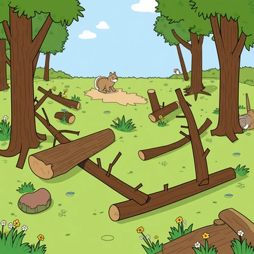 A vibrant scene depicting a collection of creative art installations made from fallen branches and logs. The installations vary in size and shape, with some resembling sculptures and others arranged in interesting patterns. Surrounding the art pieces are remnants of the once-thriving forest, featuring tall trees with some leaves still clinging to the branches and patches of green grass. Sunlight filters through the tree canopy, casting dappled light on the ground. Wildflowers in bright colors are scattered among the installations, adding a touch of whimsy to the scene. In the background, a small clearing shows hints of wildlife, with a curious squirrel peeking from behind a log.