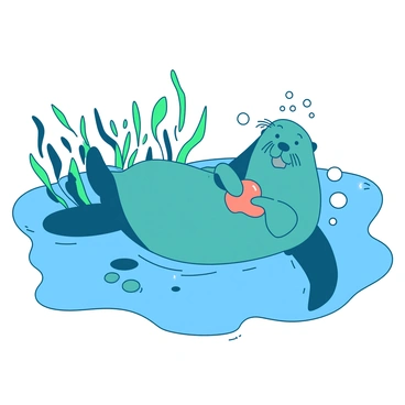 A teal sea otter is floating on its back among the swaying kelp in a blue ocean. The otter is surrounded by strands of kelp that gently move with the water current. The animal is playfully holding a small orange rock on its stomach while its paws are relaxed by its sides. Bubbles rise around the otter, creating a lively interaction with its environment.