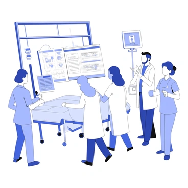 A group of doctors and nurses are collaborating in a busy hospital environment. The doctors, dressed in white coats, are discussing patient charts while pointing at a digital screen displaying interconnected healthcare data. Nearby, nurses in scrubs are attending to patients, recording vital signs on handheld devices. The atmosphere is dynamic, with medical equipment like monitors and IV stands in the background. Large windows allow natural light to flood the space, highlighting the teamwork among the healthcare professionals as they move purposefully around the hospital.