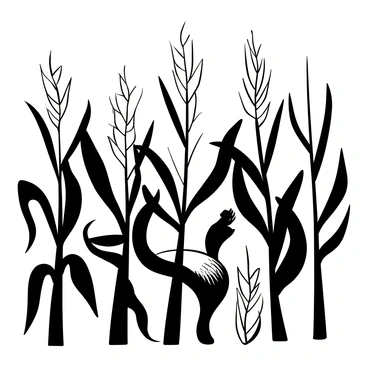 A "curious fox" partially hidden behind tall "corn stalks" in a densely packed cornfield. The fox’s body is mostly concealed, with its bushy tail and pointy ears visible above the green leaves of the corn. The surrounding stalks are tall and straight, with a few leaves bending slightly, creating a sense of depth. The scene is filled with an abundance of corn plants, emphasizing the fox's stealthy position.