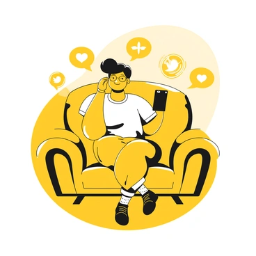 A person sitting comfortably, holding a smartphone in one hand while gazing intently at the screen. The individual is wearing casual clothing, such as a t-shirt and jeans. Around the person, floating icons representing various social media platforms, like speech bubbles and notification symbols, create a dynamic atmosphere. The icons appear to be interacting with the person, illustrating their influence in the digital world. The background is minimal to highlight the person and the surrounding icons.