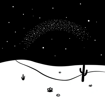 A vast desert landscape with rolling sand dunes stretching across the scene. Sparse cacti and small rocks are scattered throughout the sandy terrain. In the night sky above, countless stars twinkle brightly, creating a striking contrast against the blackness. The Milky Way is visible, arching across the sky, adding to the sense of depth and wonder in the vastness of the universe.
