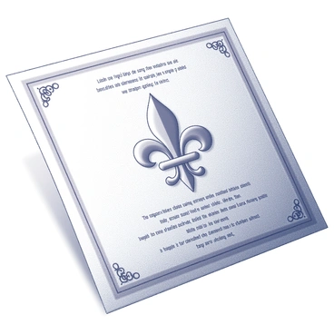 A wedding invitation card displayed prominently on a textured surface. The card features a "fleur-de-lis" design that is embossed, giving it a raised appearance. The design appears prominently in the center of the card. The edges of the invitation are delicately adorned, and the background is simple, providing a contrast to the intricate design. Elegant, formal text is featured on the invitation, outlining the details of the ceremony.