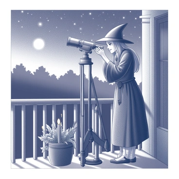 A witch stands on her balcony, peering intently through a telescope. She wears a flowing robe adorned with intricate patterns, and her long hair billows slightly in the night breeze. The telescope is mounted securely on a wooden stand, focusing on the shimmering stars and the bright moon in the sky. The balcony is decorated with potted herbs and glowing candles, casting soft shadows around her. In the background, the silhouette of a distant forest can be seen against the night sky. The witch's expression is one of curiosity and wonder as she explores the cosmos.