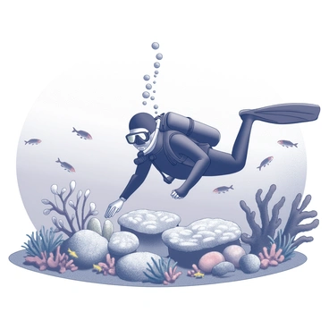 A scuba diver is submerged underwater, closely examining a coral reef. The diver is wearing a black wetsuit and is equipped with a diving mask and fins. Surrounding the diver, there are various types of coral formations, some shaped like fans and others resembling brain coral. Schools of fish, including small, brightly patterned species, swim in and around the corals. The diver is positioned in a way that suggests movement through the water, with bubbles rising to the surface, creating a sense of depth and underwater immersion.