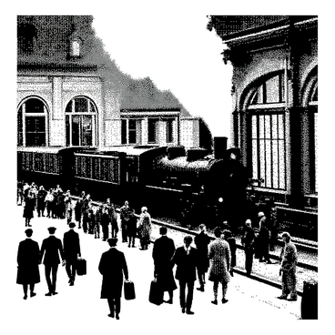 A vintage train station is depicted, filled with numerous travelers moving about. The architecture features detailed brickwork and large arched windows, highlighting the historical design. People are seen standing on the platform, some holding suitcases while others are conversing. A steam locomotive is positioned on the tracks, with billowing steam rising into the air. The scene captures the essence of travel, with individuals wearing period-appropriate clothing, including hats and coats, adding to the busy atmosphere.