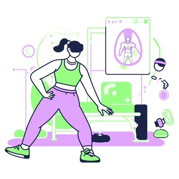 A person is wearing VR goggles and is in the middle of performing hip thrusts. Their posture is strong and focused as they engage in the exercise. To their right, a virtual coach appears, providing guidance and motivation, with a visible animated diagram illustrating the correct form for hip thrusts. The setting is a digital gym with geometric shapes and glowing lines, enhancing the futuristic atmosphere. Various workout equipment, such as a virtual bench and weights, are arranged around them, creating a dynamic workout space. The overall scene conveys an active and immersive fitness experience.