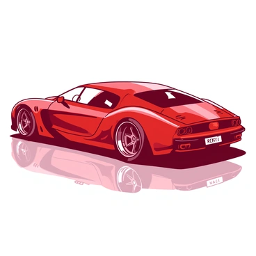 A red flashy car is parked on a smooth, reflective surface, showcasing its custom, vibrant paint job that shimmers in the light. The car's body features intricate designs that blend seamlessly into the overall look, with a sleek aerodynamic shape emphasizing its sporty character. The wheels are shiny and well-defined, adding to the car's striking appearance. There are small details like a shiny chrome grill and sleek headlights that enhance its bold personality.