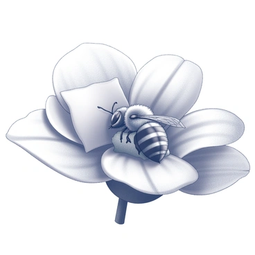 A bee resting on a large flower. The bee is comfortably positioned on one of the petal's surfaces, with a tiny pillow beside it. The pillow is nestled against the flower's soft texture. A small blanket is draped over the bee, partially covering its body. The scene captures the intricate details of the flower's petals, with a focus on the bee's delicate features as it enjoys its serene moment of relaxation.