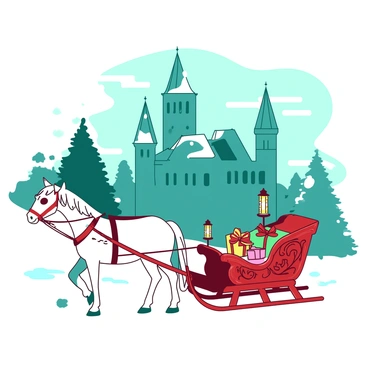 A teal snow-covered castle with tall towers is nestled among gently falling snowflakes. In the foreground, a white horse is harnessed to a red sleigh, which has intricate carvings on its sides. The sleigh is filled with colorful wrapped presents, and a small red blanket is draped over the back. A pair of glimmering lanterns are attached to the sleigh, casting a soft glow in the evening light. The scene is peaceful, with the castle's icy walls reflecting the soft hues of the twilight sky.