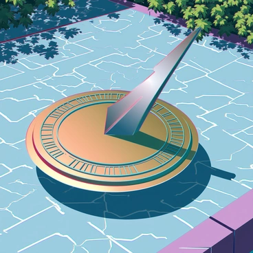 A detailed sundial made of polished brass, featuring intricate geometric markings engraved on its surface. The gnomon is elegantly shaped, casting a long, pronounced shadow on the ground. The ground is made of weathered stone tiles, with sunlight filtering through the branches of nearby trees, enhancing the contrast between light and shadow. The geometric markings on the sundial are precise and clear, showing the passage of time as the sun moves across the sky.