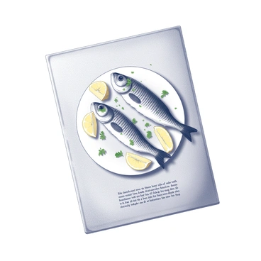 A recipe card featuring a detailed layout of "striped bass fillets" arranged neatly on a white plate. The fillets are garnished with a sprinkle of "fresh herbs" such as parsley and thyme. Several "lemon wedges" are placed around the dish, adding an element of freshness. The background includes a subtle texture reminiscent of parchment paper, enhancing the culinary theme. The recipe text is elegantly presented at the bottom, written in a clear, readable font. The overall composition is balanced, inviting viewers to engage with the culinary art displayed.