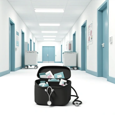 A nurse's medical bag, made of durable black fabric, is resting on the floor in a hospital corridor. The bag is partially open, revealing a stethoscope coiled neatly beside various medical supplies such as bandages, syringes, and antiseptic wipes. The corridor around the bag is well-lit with white fluorescent lights, and pale blue walls are adorned with informative posters and charts. A few closed patient room doors line the sides, and a rolling medical cart can be seen in the background, adding to the clinical atmosphere.