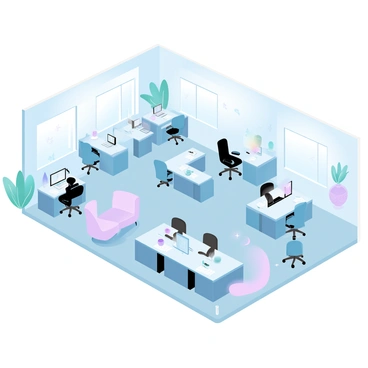 A sleek, modern office floor plan featuring open workspaces with desks arranged in clusters. The desks have ergonomic chairs and are equipped with computers, stationery, and personal items. Nearby, there are glass-walled meeting rooms that showcase large conference tables surrounded by chairs. In one corner, there is a cozy lounge area with comfortable seating and a coffee table. The walls are adorned with abstract art pieces and greenery is strategically placed throughout the space to enhance the atmosphere. Natural light flows in through large windows, illuminating the entire layout.