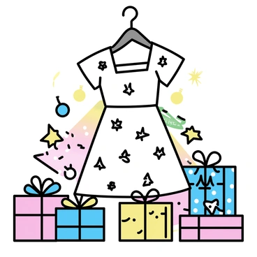 A festive holiday dress, featuring intricate patterns of snowflakes and Christmas trees, with glitter embellishments throughout the fabric. The dress is displayed on a hanger, placed in front of a backdrop filled with colorful decorations such as shiny baubles and garlands. Surrounding the dress are neatly wrapped gifts in various sizes and patterns, showcasing bright ribbons and bows.