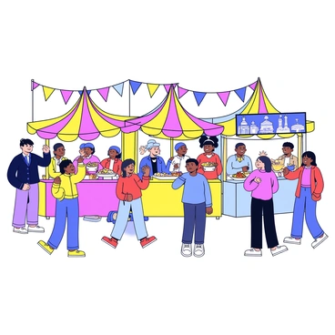 A vibrant cultural festival scene bustling with activity. Various food stalls are set up, each decorated with colorful banners showcasing their cuisines. Each stall has unique food items displayed, such as steaming dumplings, spicy tacos, and aromatic curry dishes. Enthusiastic visitors of different backgrounds and ages are interacting, some sampling food, while others are engaged in lively conversations. Brightly colored tents provide shade, and there are decorative flags gently waving in the breeze above the stalls.