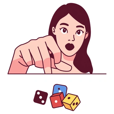 A close-up of a hand poised above a set of colorful dice, ready to roll. The fingers are slightly curled, showcasing anticipation. In the background, a blurred face reveals a hopeful expression, with wide eyes and a slight smile. The lighting highlights the gleam of the dice, creating a sense of excitement in the moment.