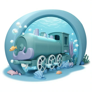 A set of train wheels, shiny and metallic, is spinning rapidly as the train moves forward. The wheels are surrounded by glistening bubbles rising from the depths. The underwater tunnel is illuminated with soft blue and green lights, casting reflections on the smooth, curved walls. The tunnel is decorated with coral and aquatic plants, swaying gently in the current. Fish of various colors swim alongside the train, creating a lively contrast against the deep blue water.