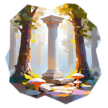 A tall, white Greek column stands majestically amidst swirling mist in an enchanted forest. The column is intricately decorated with floral patterns and has a classic Corinthian capital. Surrounding the column, the forest is dense with tall, ancient trees, their trunks thick and gnarled. Delicate green vines drape down from the branches, and soft, luminous mushrooms grow near the base of the column. Patches of mist weave through the scene, creating an ethereal atmosphere that hints at ancient magic in this secluded location. Light filters gently through the foliage above, casting dappled shadows on the forest floor.