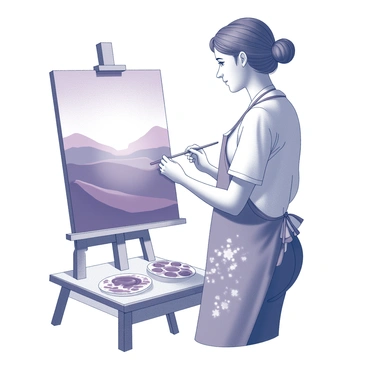 An artist standing in front of an easel, focused on a landscape painting. The canvas displays a scene with rolling hills and a distant mountain range. The artist, wearing a paint-splattered apron, is using a brush to add details to the landscape. A palette rests on a nearby table, filled with different shades of purple. The sun is setting in the background, casting intricate shadows across the scene and illuminating the artist's concentrated expression.