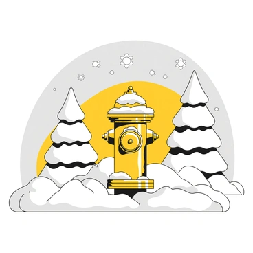 A fire hydrant covered in snow, standing prominently in a white, winter landscape. The hydrant is bright and visible against the white snow. Surrounding the hydrant are snow-laden trees and a blanket of untouched snow covering the ground. Soft snowflakes are falling gently from the gray sky, adding to the serene atmosphere. In the background, distant hills are also blanketed in white, enhancing the winter wonderland scene.