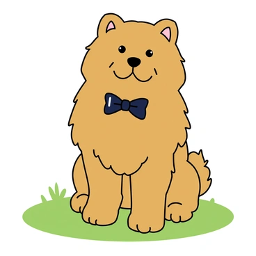 A fluffy, golden-brown chow chow sitting upright on a patch of soft green grass. The dog has a thick mane of fur around its head, giving it a majestic appearance. It is wearing a shiny black bow tie around its neck, which contrasts with its fur. The chow chow has a confident expression, with its dark eyes looking directly at the viewer. The background consists of a clear blue sky, adding a cheerful atmosphere to the scene.