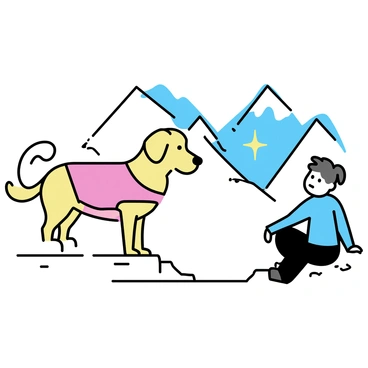 A heroic dog, a golden retriever with a shiny coat, is wearing a bright red rescue vest. The dog is standing on a rocky mountain ledge, looking alert and focused. In the background, snow-capped mountains and a clear blue sky can be seen. The dog's tail is wagging, and it has an expression of determination. Nearby, there is a mountain climber in distress, sitting on the ground, looking up at the dog with hope. The scene conveys a sense of bravery and teamwork in the challenging mountain environment.