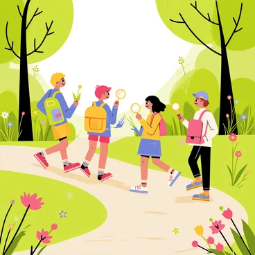 A group of children walking along a winding nature trail surrounded by tall green trees and vibrant wildflowers. Each child holds a magnifying glass, examining the plants and insects along the path. They are wearing colorful backpacks filled with supplies for their adventure. The scene captures their excitement as they point out interesting findings to each other, with sunlight filtering through the leaves above.