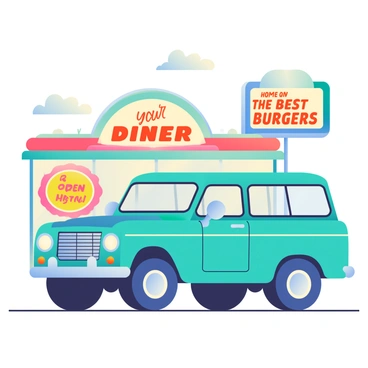 A vintage-style Range Rover in a bright turquoise color is parked prominently in the foreground. The vehicle features rounded edges and chrome accents, showcasing its classic design. In the background, several retro diner signs are displayed, each with vibrant colors such as red, yellow, and blue. The signs include "Open 24 Hours" and "Home of the Best Burgers," illuminated with neon lights. The scene captures a nostalgic atmosphere with a clear, sunny sky above, enhancing the overall vintage vibe.