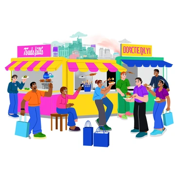 A bustling street food market filled with colorful stalls showcasing various snacks. Each vendor has a unique setup, with bright banners and awnings. In the foreground, a vendor is frying crispy spring rolls in hot oil, while another is grilling skewers of meat over an open flame. People of different ages and backgrounds are enjoying their snacks, some sitting at small tables and others standing while chatting. The air is filled with the enticing aroma of spices and grilled food, and a few customers are holding paper plates filled with vibrant dishes, such as tacos and dumplings. The background features a collection of shopping bags, hinting at the nearby shops from which the patrons have taken a break.