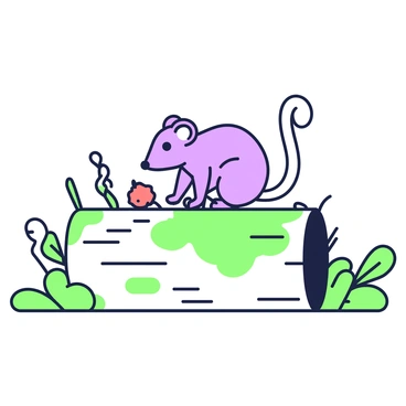 A shrew is perched on a moss-covered log, its small body poised as it looks curiously at a nearby insect. The shrew has a pointed snout and tiny, attentive eyes, which are focused intently on the insect crawling on the log's surface. The log is textured and irregular, with patches of vibrant green moss that add depth to the scene. Around the log, various small plants and leaves provide a natural environment, enhancing the shrew's exploratory stance. The insect is small and detailed, positioned closely to the shrew, capturing its full attention.