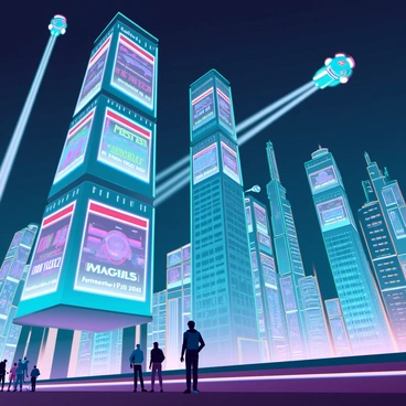 A sprawling cityscape at night, featuring towering skyscrapers with a mix of glass and metallic surfaces. The buildings are illuminated by bright neon lights. Holographic signs project vibrant images and text into the air, displaying information about upcoming events, concerts, and exhibitions. The streets below are bustling with pedestrians, some of whom are looking up at the holograms in awe. Flying vehicles zip through the sky, leaving trails of light behind them. The atmosphere is lively and dynamic, reflecting a futuristic urban environment.